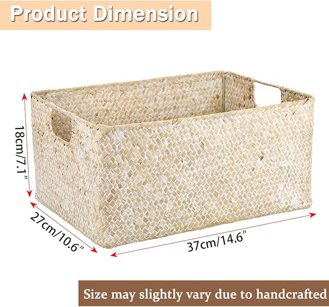 Hipiwe Wicker Shelf Baskets Seagrass Storage Opened Baskets Bin with Handle | Rectangular Closet Bedroom Basket Organizer Box, Multipurpose Woven Basket Home Organizer, Whitewash 14.6"x 10.6" x 7"