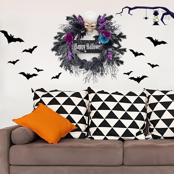 GarveeHome 22 in Halloween Wreath, with Black, Blue and Purple Flowers, Artificial Halloween Spooky Wreath with 20 Led Lights for Front Door, Porch, and Entryway