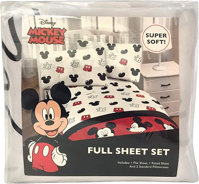 Jay Franco Kids Sheet Set with Fitted, Flat Sheets & Pillow Cover - Ultra-Soft Bedding with Pillowcase for Room Decor, White - Mickey Mouse, 4 Piece Full
