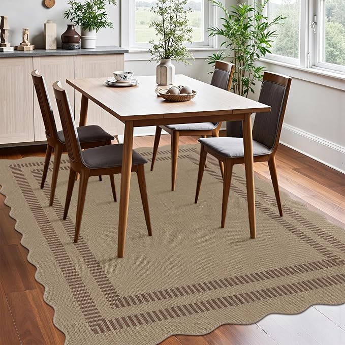 Scalloped 5x7 Rug for Living Room, Easy Jute Washable Outdoor Patio Carpet, Farmhouse Indoor Brown Geometric Rug Neutral Non Slip Carpet for Living Room Backyard