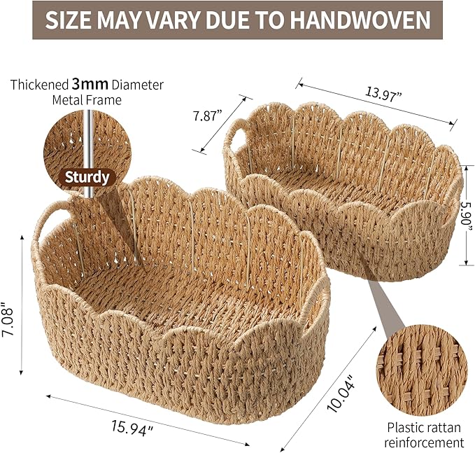 Coeusy Paper Rope Scalloped Basket Set of 2, Wicker Storage Baskets for Shelves,Gifts,Books,Toys,Cute Decor Rattan Baskets for Organizing,Natural Color