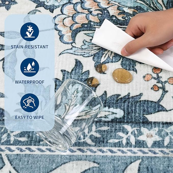 GarveeHome Provence Misty Blue 2.5 x 8 Washable Kitchen Runner Rugs Non Slip Vintage Boho Cottage Long Rug for Hallways Bedroom Entryway Bathroom Mat with Rubber Back