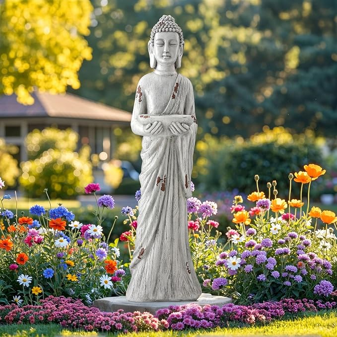 Extra-Large Buddha Statue Outdoor, 42 in Asian Decor with Birdfeeder | Zen Garden Sculpture for Indoor, Patio, Yard or Porch, Durable Weatherproof Magnesium Oxide Stone
