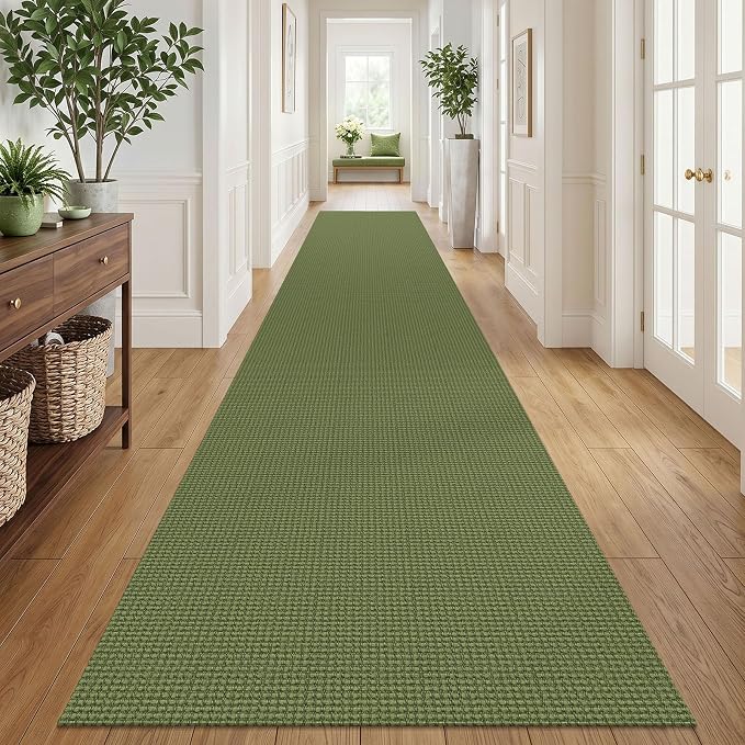 IOHOUZE Washable Exrea Long Hallway Runner Rug 3x18 Non Slip Rubber Backed Kitchen Runner Entryway Runner Indoor, Woven Rugs Floor Carpet for Kitchen Hall Entryway, Olive Green/Earthy Green