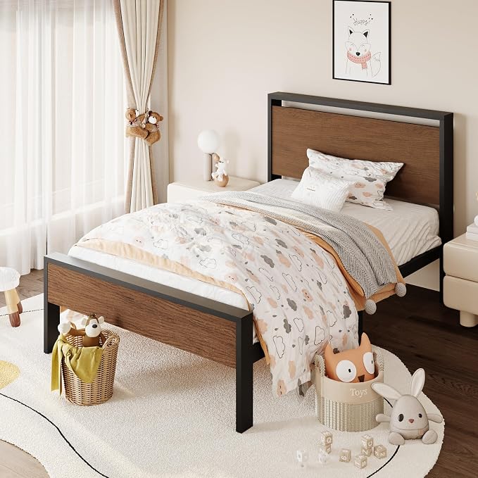 SHA CERLIN 14 Inch Twin Size Metal Platform Bed Frame with Wooden Headboard and Footboard, Mattress Foundation, No Box Spring Needed, Large Under Bed Storage, Heavy Duty Slats Support, Walnut