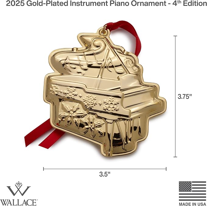 Wallace Gold-Plated Piano Ornament 2025-4th Edition Annual Collectible Holiday Ornament for Music Lovers, Handcrafted in USA, Comes with Gift Box, Ribbon and Velvet Pouch