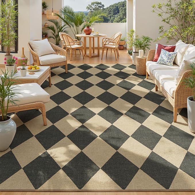 Lessymo Area Rugs 8x10 for Living Room, Easy Jute Washable Patio Outdoor | All Vacuums Compatible, Non Slip Indoor Carpet for Bedroom Backyard Dining Room, Kid Pet Friendly, Diamond Black/Beige