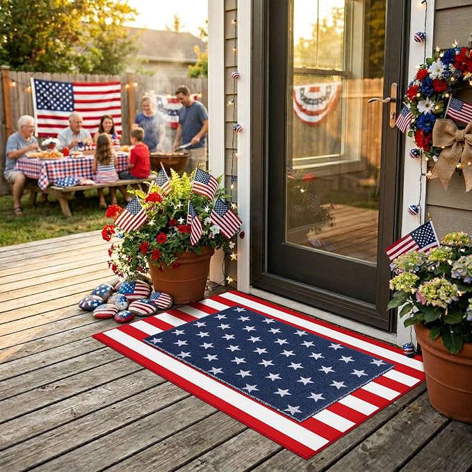 2PCS 4th of July Door Mat Combination, Patriotic Stars and Stripes Front Porch Decor, Independence Day Layered Welcome Mat, Red White and Blue Outdoor Rug for Memorial Day Entryway Decoration