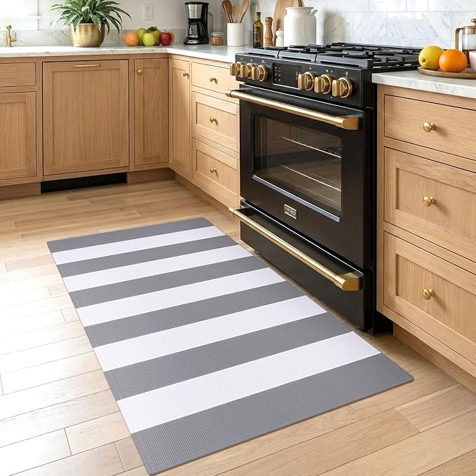 KOZYFLY Striped Rug 2.3x3.6 ft Front Door Rugs Gray White Cotton Woven Washable Indoor Outdoor Rug for Entryway Porch Kitchen Patio Decor Striped Layered Doormats