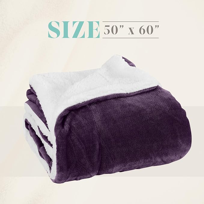 Elegant Comfort Throw Blanket, Reversible Sherpa Flannel, Ultra-Soft, Fuzzy, Cozy and Plush- All Season Lightweight Decorative Throw, 50 x 60 inches, Solid Sherpa Throw, Purple