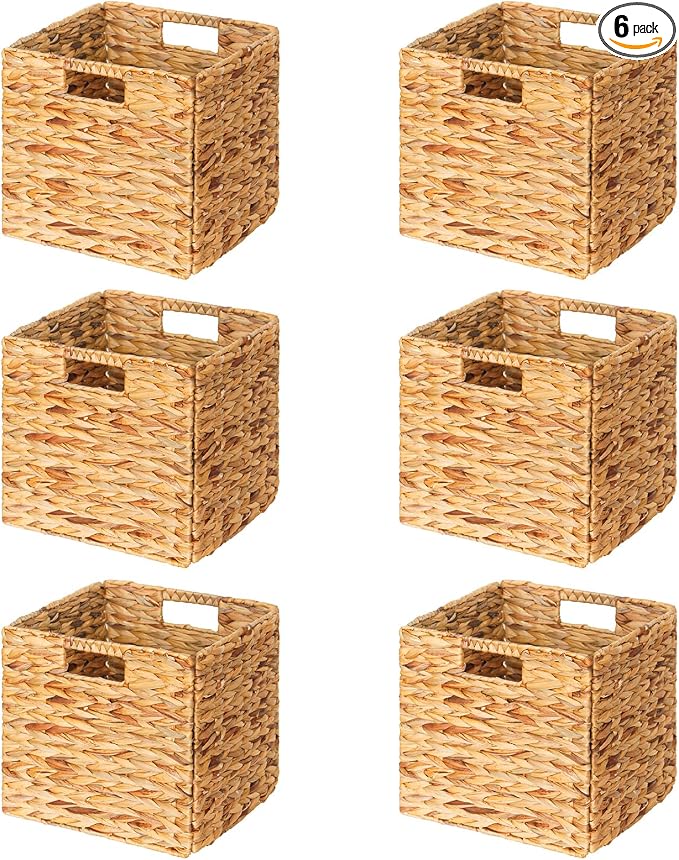 SpaceAid 6 Pack Wicker Basket, Storage Baskets for Organizing, Woven Rattan Basket with Handles for Shelves, Water Hyacinth Large Cube Organizer Storage Bin, 12x12x12 inch, Natural