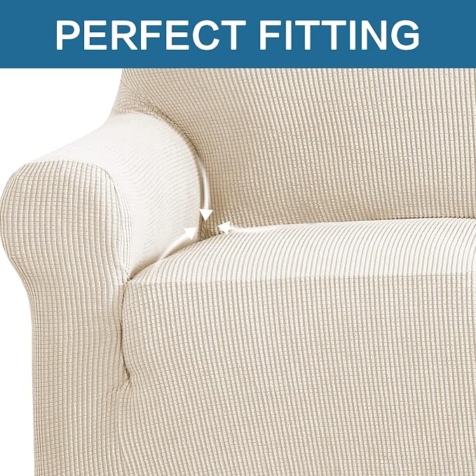 H.VERSAILTEX Stretch Couch Cover Loveseat Covers for 2 Cushion Couch Sofa Cover for Love seat 1 Piece with Elastic Bottom, Textured Checked Jacquard Fabric(Loveseat 58"-70" Wide, Natural)