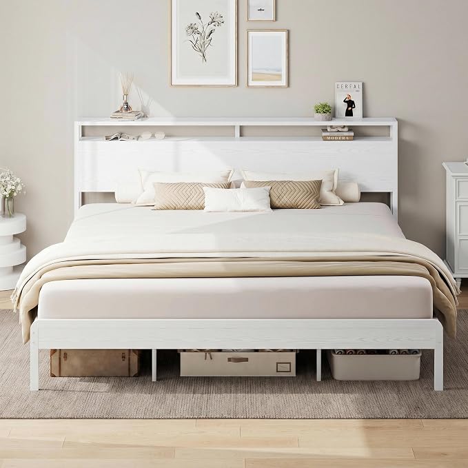 LIKIMIO King Size Bed Frame with 2-Tier Storage Shelf Headboard | Wood Platform Bed, Camas King with Strong Metal Supports, Sturdy, Noise-Free, No Box Spring Needed, White