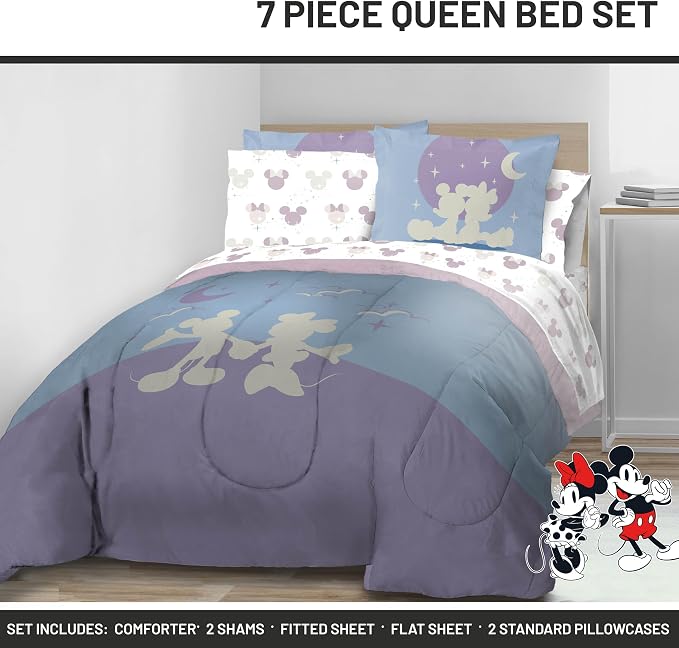 Disney Mickey and Minnie Mouse Queen Comforter Set 7 Piece Bedding, Grey | Bed in a Bag, Comforter Sheets Shams Pillowcases, Official Product, Soft Microfiber, Machine Washable, Kids Gift