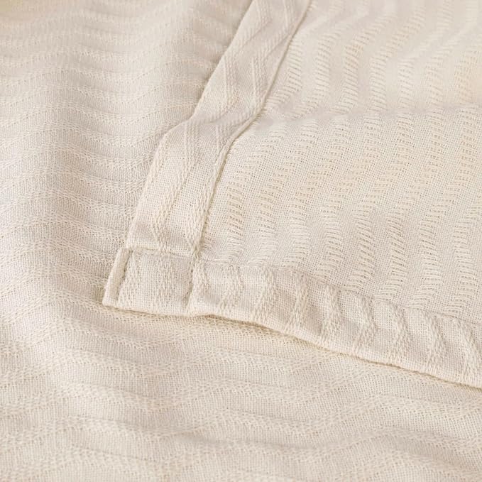 Superior JENA Cotton Blanket, for Picnic, Beach, Traveling or Camping, Bedroom Decor, Essentials, Cover for Bed, Couch, Lounging, Textured Jacquard, Modern Chevron Woven Blanket, Throw, Ivory