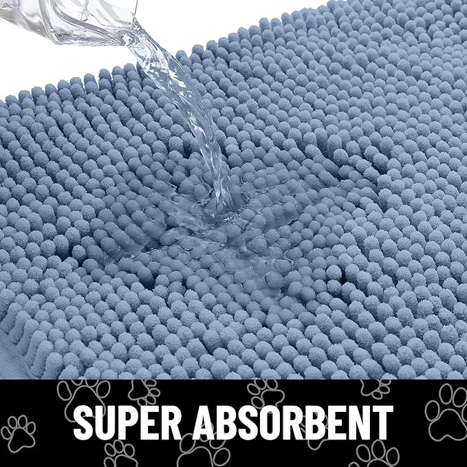 Smiry Dog Door Mat for Muddy Paws, Absorbent Dirt Trapper Non Slip Quick Dry Washable Chenille Mat for Mud Dogs, Entry Rug for Indoor and Outdoor (48x30 Inches, Airy Blue and White)