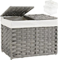 SETVSON Storage Basket with Lid, 9.2 Gal PE Rattan Trunk, Gray | Decorative PE Rattan Furniture Look for Bedroom, 2 Separate Lids, 2 Liners with Divider for Apparel & Essentials