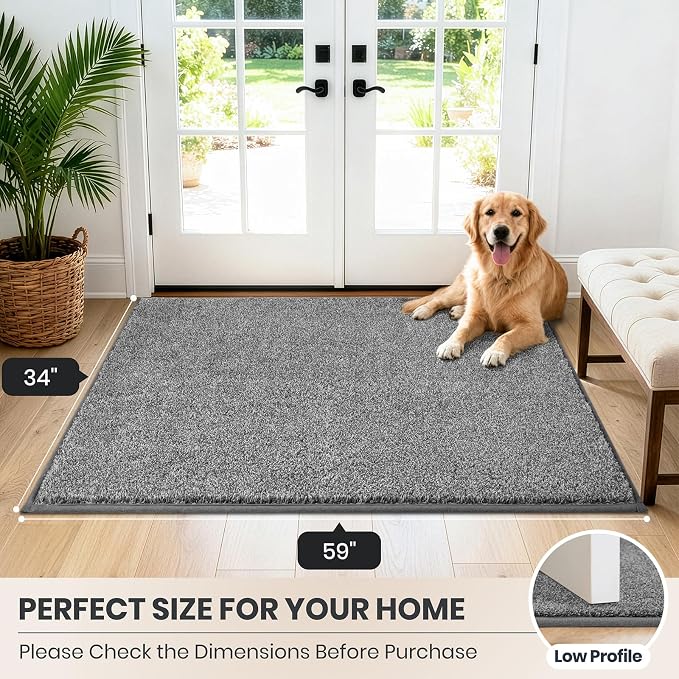PURRUGS Dirt Trapping Door Mat 34" x 59", Non-Slip Machine Washable Entryway Rug, Dog Doormat, Indoor Front Door Mat, Super Absorbent Entry Rug for Muddy Shoes & Paws, Light Grey-Dark Grey