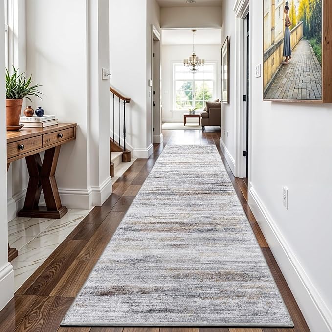 3x14 Washable Hallway Runner Rug: Extra Long Runners for Entryway Living Room Dining Room - Stain and Water Resistant Rugs with Non-Slip Backing - Soft Low-Pile Carpet 14ft Beige Grey