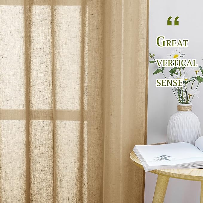 NICETOWN Linen Blend Semi Sheer Curtains for Boys Bedroom, Grommet Semitransparent Privacy with Light Filtering Window Drapes for Bedroom/Living Room, Camel, W36 x L63, 2 Pieces