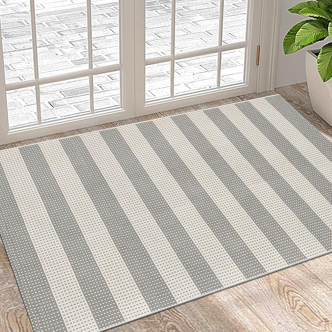 LEEVAN 3x5 Outdoor Rug for Porch, Washable Striped Welcome Front Porch Mat | Outside Entryway Patio Rug, Woven Doormat Grey and White Buffalo Backyard Layered Mat for Entrance/Balcony/Apartment