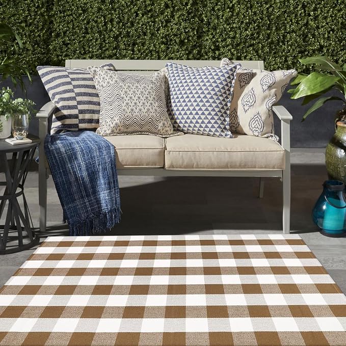 Buffalo Plaid Outdoor Rugs, 4' x 6' Brown and White Checkered Indoor/Outdoor Area Rug, Layering Rug for Hello/Welcome Door Mat, Washable Cotton Woven Farmhouse Mat for Fall Front Porch Décor