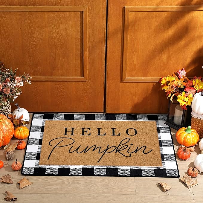 Tinideya 2 Pcs Door Mat Welcome Non Slip Coir Mats Floor Layering Doormats Seasonal for Front Porch Entryway Decor(Black White Plaid)