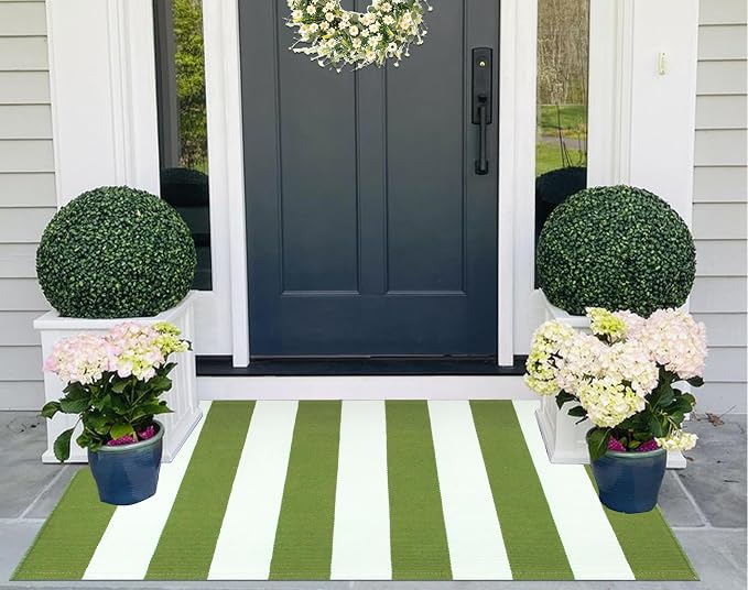 Green and White Layered Doormat 2.3'x3.6,Machine Washable Porch Rug Cotton Woven Striped Farmhouse Small Area Rug for Porch/Home Entrace Decor/Bedroom/Layered Door Mats
