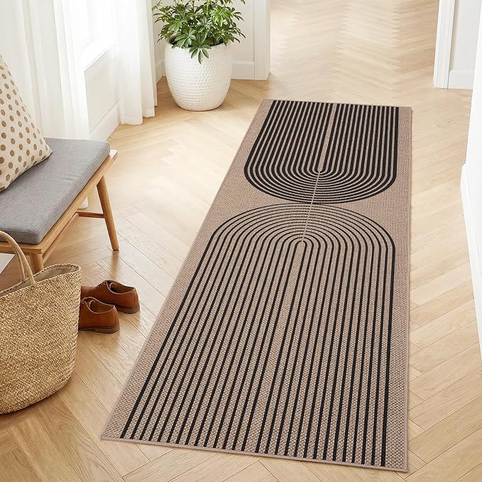 COZYLOOM Easy Jute Rugs for Entryway 2x6 Kitchen Runner Rug Non Slip, Modern Arch Striped Washable Rug Stain Resistant Farmhouse Carpet Non Shedding Foldable Mats for Bedroom, Patio, Nature＆Black