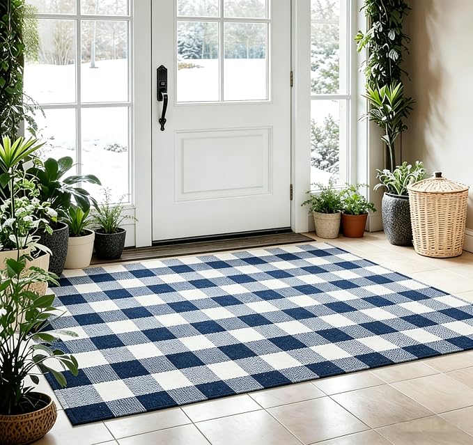 Buffalo Plaid Outdoor Rug 4x6 Ft Navy Blue and White Checkered Area Rug Washable Indoor Outdoor Rugs for Entryway,Hallway, Kitchen, Living Room, Dining Room, Bedroom