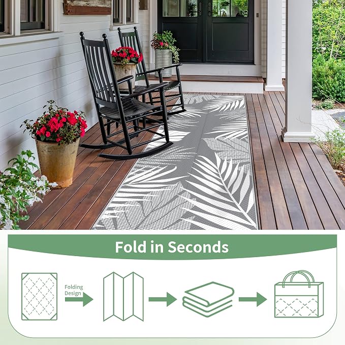 GENIMO Outdoor Rug, Waterproof Plastic Runner Rugs, 2.5'x8' Grey White | Outside Leaf Carpet Mat for Patio Decor, Porch, Deck, Balcony, Camping, RV, Picnic, Beach, Reversible, Foldable, Lightweight
