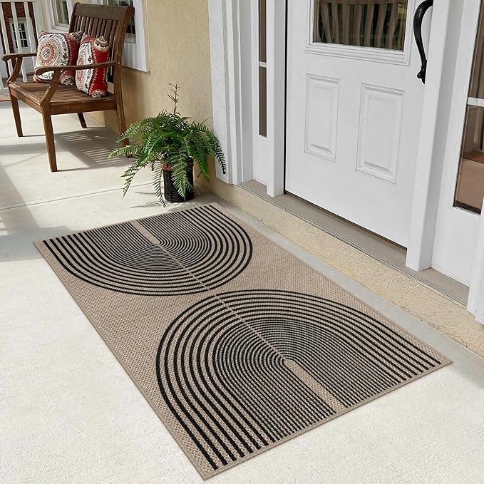 Rugalia Easy Jute Rainbow Indoor Outdoor Doormat, 2.6x4 Black Nature Boho Entryway Rug Washable Non-Slip Modern Kitchen Rug, Farmhouse Neutral Abstract Throw Rugs for Entrance Patio Porch