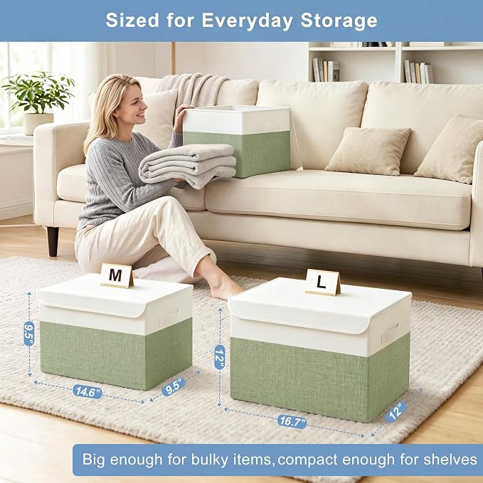 Bagnizer Large 22 Quart Linen Fabric Foldable Storage Bin Cube Organizer Basket with Flip-Top Lid & Handles, Clothes Blanket Box for Home, Office, Closet, Green & White, 4 Pack 14.6 x 9.5 x 9.5