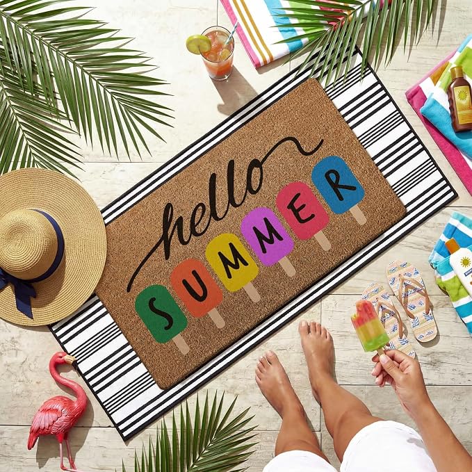 Moucuny 2 Pcs Summer Coir Door Mat 19" x47 Hello Summer Welcome Mats for Front Door Non Slip 56"x22" Black and White Rug Large Floor Layering Doormats for Front Porch Entryway Decor