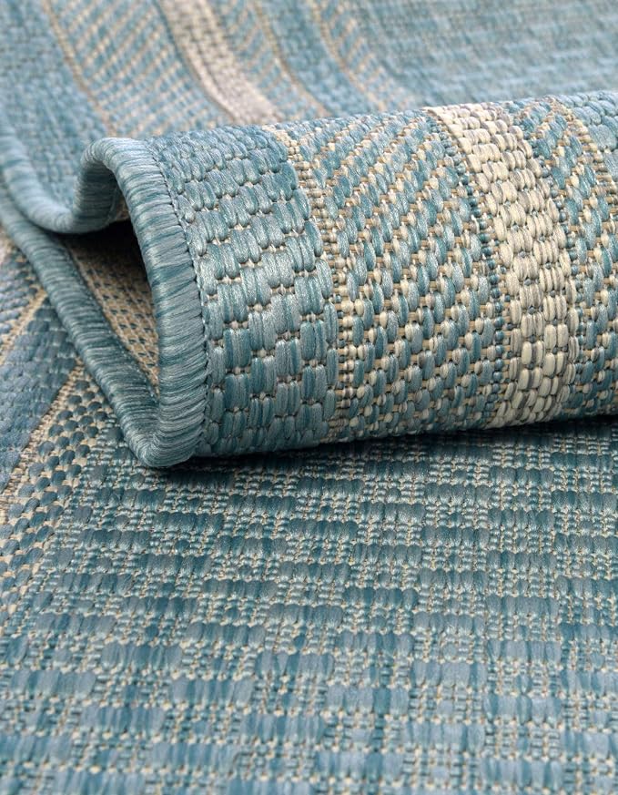 Unique Loom Outdoor Border Collection Area Rug - Soft Border (13' Round, Aquamarine/ Ivory)