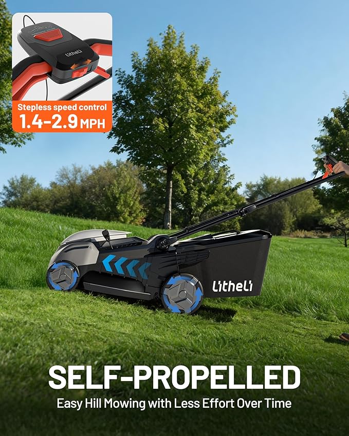 Litheli 40V Lawn Mower 18" Electric Self Propelled, Lightweight Cordless Lawn Mower Brushless with 6-Position Height Adjustment,20V 4.0Ah Battery