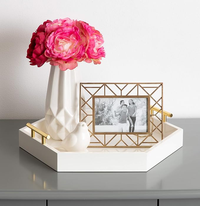 Kate and Laurel Lipton Hexagon Decorative Tray with Polished Metal Handles, White and Gold