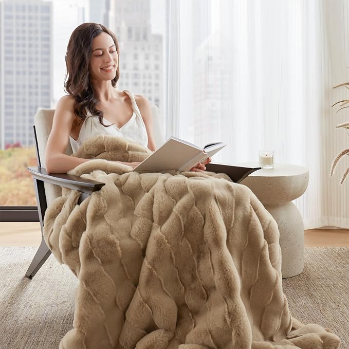 Madison Park Vivienne Faux Fur Throw Blanket Velvet, 50 x 60, Tan | All Season, Cozy Warmth for Sofa or Bed, Reversible, Lightweight, OEKO-TEX Certified