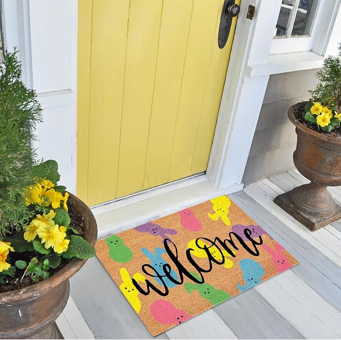 JarThenaAMCS Easter Natural Coir Doormat Colorful Bunny Rabbit Floor Mat Non-Slip Entrance Door Rugs for Indoor Outdoor Home Bathroom Decor, 16.5 x 29 Inch