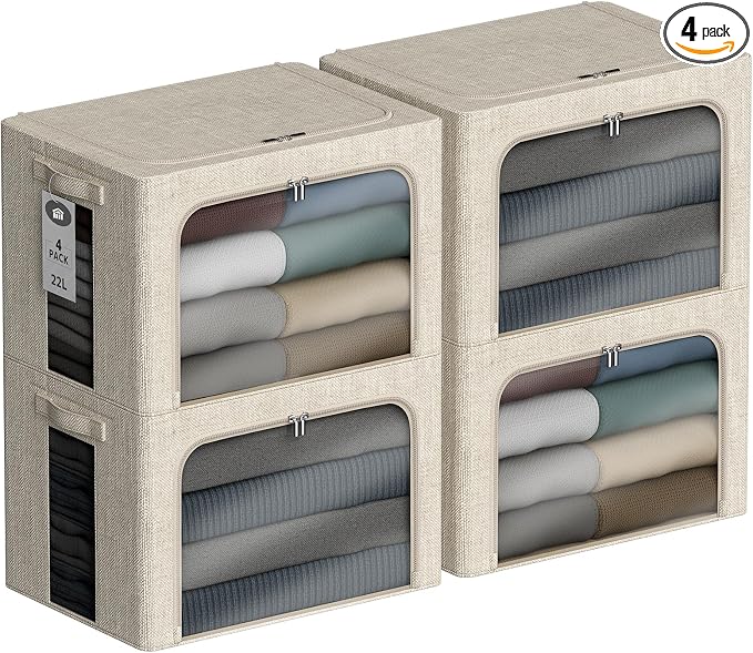 4 Pack Clothes Storage Bins with Metal Frame - 22L Stackable Storage Box with Lid，Foldable Storage Container Organizer for Clothes，Linen Fabric Storage Box with Clear Window＆Zippers＆Handles