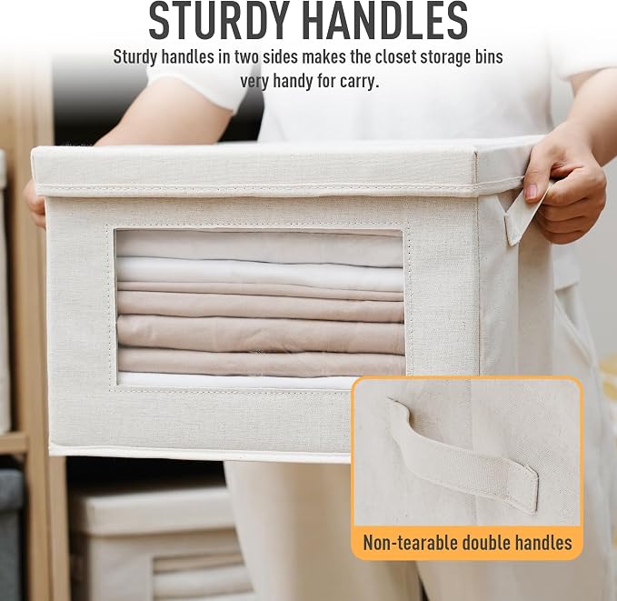 3-Pack Large Storage Bins with Lids & Clear Window, Foldable Fabric Closet Organizer Boxes, Stackable Cube Baskets with Soft Handles for Clothes & Blankets, 17”, Beige