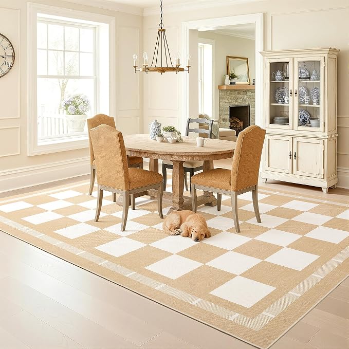 Vasofe Checkered Jute Outdoor Rug, 6x9 ft Rugs for Living Room Dining Room | Large Indoor Outdoor Farmhouse Carpet, Checkerboard Patio Office Mat Geometric Non Slip Carpet for Backyard, Khaki and White