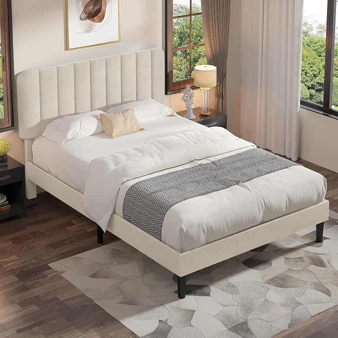 VECELO Queen Size Bed Frame with Upholstered Headboard, Velvet Platform Bedframe Mattress Foundation, Strong Wood Slat Support, No Box Spring Needed,Velvet Beige