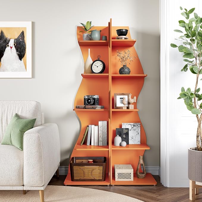 LITTLE TREE Small Corner Shelf, Modern 5-Tier Wall Wavy Corner Bookshelf | Stylish Bookcase Storage Rack for Small Space, Living Room, Bedroom, Orange