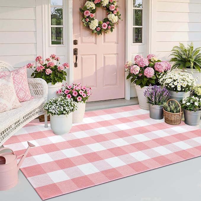 OLANLY Buffalo Plaid Rug 3' x 5' – Pink and White Cotton Checkered Doormat, Washable Indoor Outdoor Rug for Layered Front Porch, Kitchen, Entryway Decor