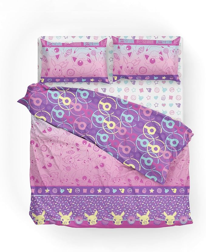 Northwest Pokemon Light and Sweet Full Size Bed in a Bag Set, Pikachu Eevee Jigglypuff, Kids Boys Girls Bedding Comforter Sheets