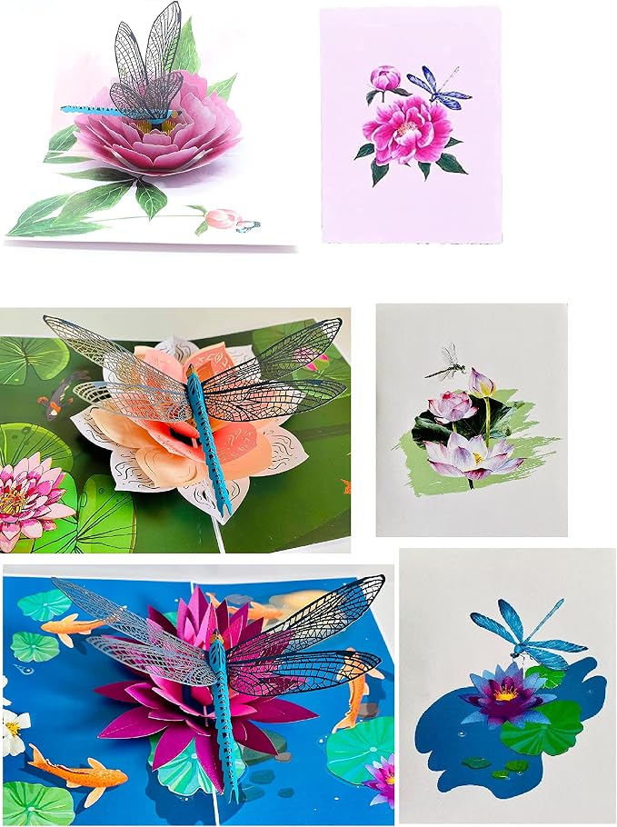 ETA Dragonfly & Flower 3D Pop-Up Greeting Card Set – Pack of 3 Nature-Inspired Cards with Envelopes – Elegant Handmade Cards for Birthdays, Mother’s Day, Thank You & Special Occasions, Set 16