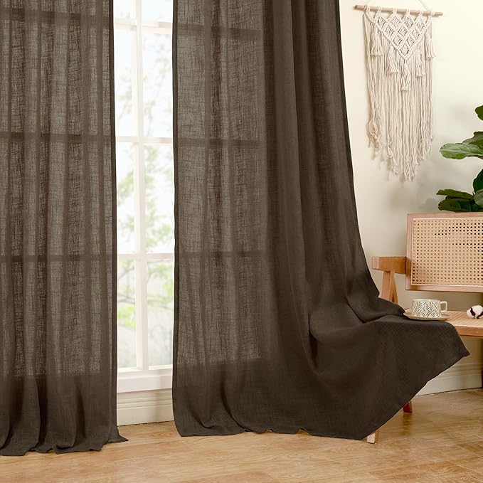 LAMIT Dark Brown Sheer Linen Curtains, 80 inch Light Filtering Semi Sheer Panels Back Tab and Rod Pocket Farmhouse Rust Drapes for Bedroom/Living Room, 2 Panels, 52 x 80 Inch