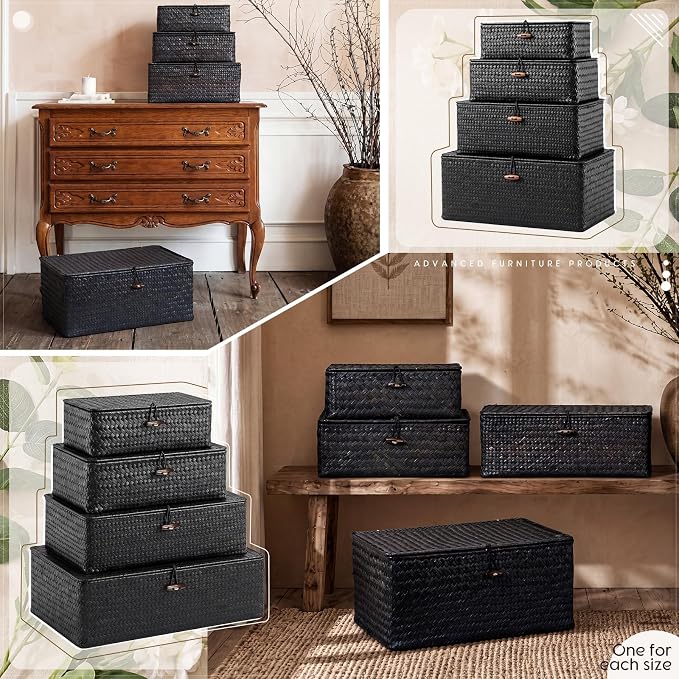 Woanger Set of 4 Wicker Baskets with Lids, Nautral Seagrass Storage Baskets, Woven Rectangular Basket Bins, Rattan Storage Organizer for Shelf Closet Bedroom(Black)