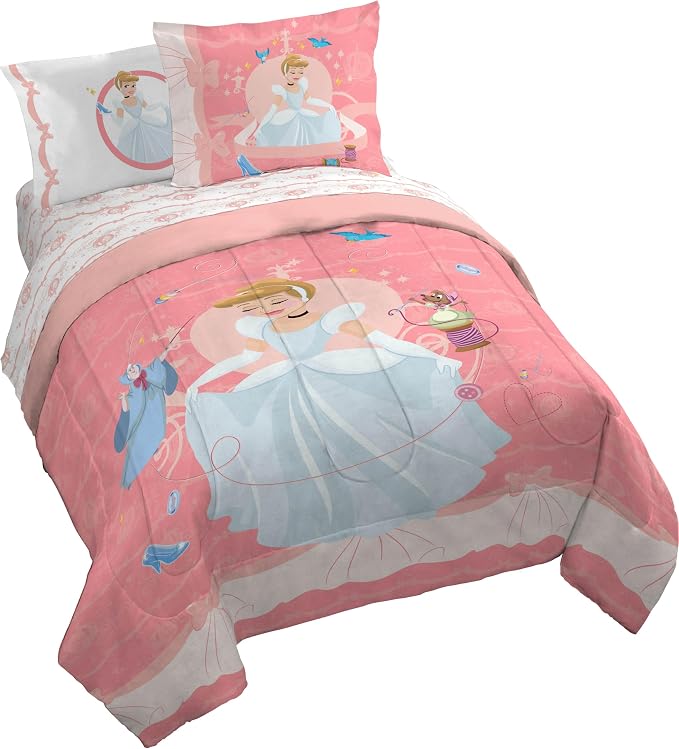 Disney Princess Cinderella Queen Comforter Set 7 Piece Kids Bedding, Pink | Bed in a Bag, Comforter Sheets Shams Pillowcases, Official Brand, Soft Microfiber, Machine Washable, Girls Gift